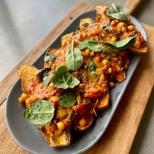 Baked sweet potato and spiced chickpea curry