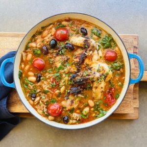 Roast chicken with butter bean & tomato broth