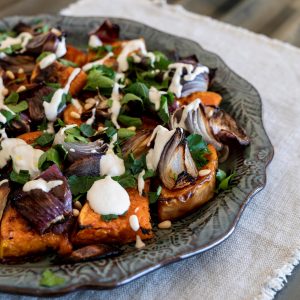 Roasted pumpkin & red onion with tahini drizzle