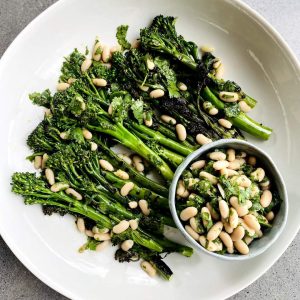 Chargrilled broccolini with green olive & white bean salsa