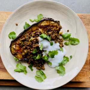 Roasted eggplant with masala lentils