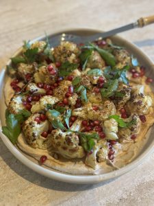 Roasted Cauliflower & Crispy Chickpea salad with Pomegranate & Parsley